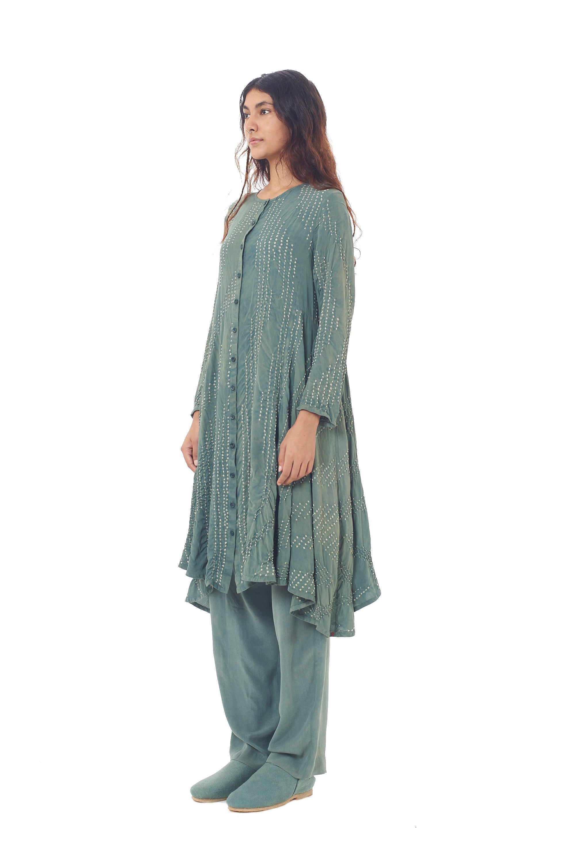 NATURAL GREEN SILK SHIRT FEATURING MINIATURE BANDHANI