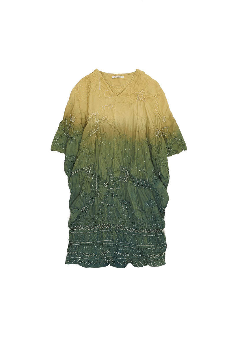 GREEN DIP DYED TEXTURED BANDHANI SILK DRAPE DRESS
