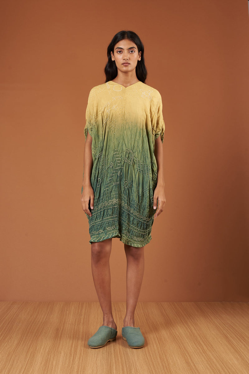 GREEN DIP DYED TEXTURED BANDHANI SILK DRAPE DRESS