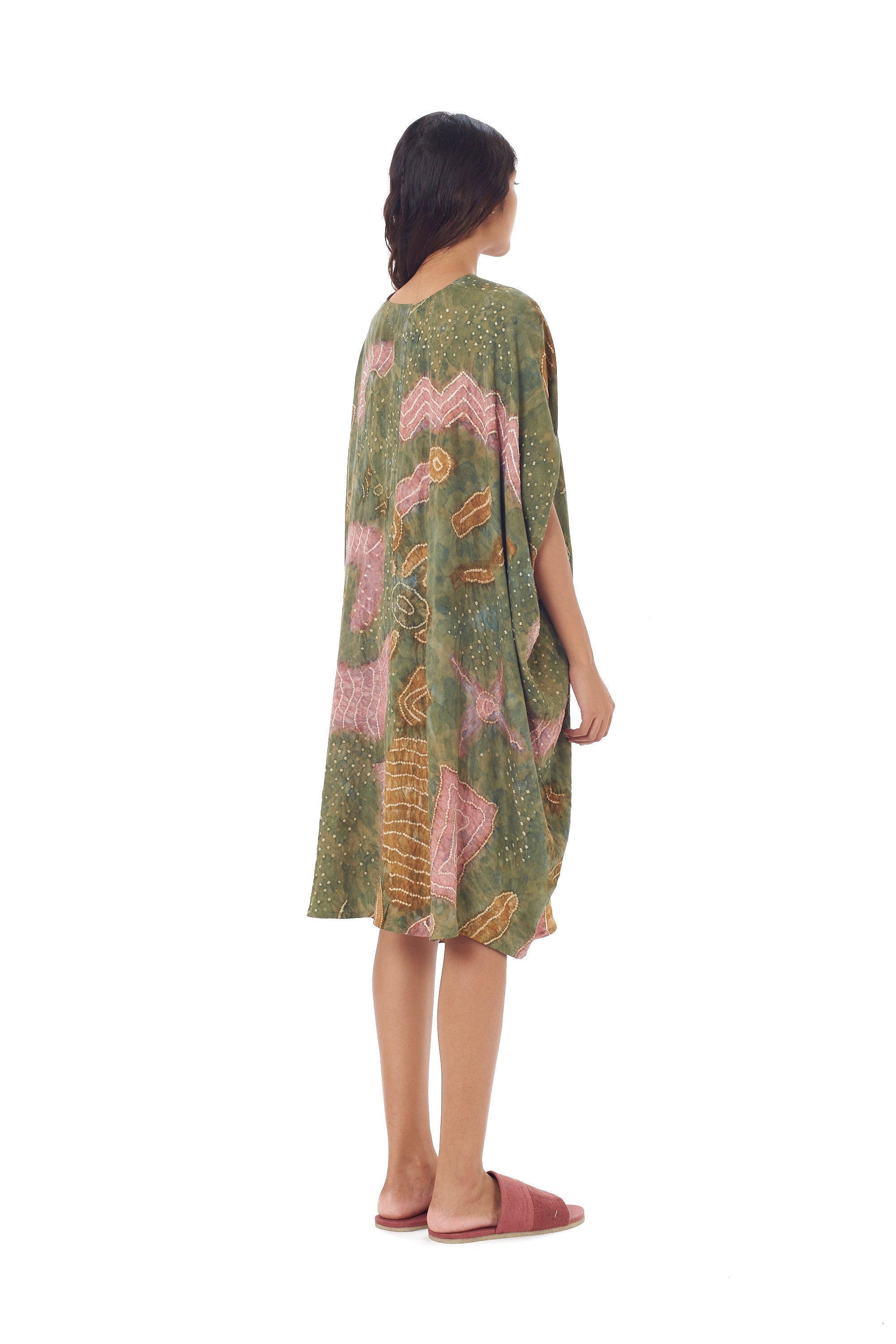 STATEMENT MULTI COLOUR HANDPAINTED SILK DRAPE DRESS CRAFTED WITH BANDHANI