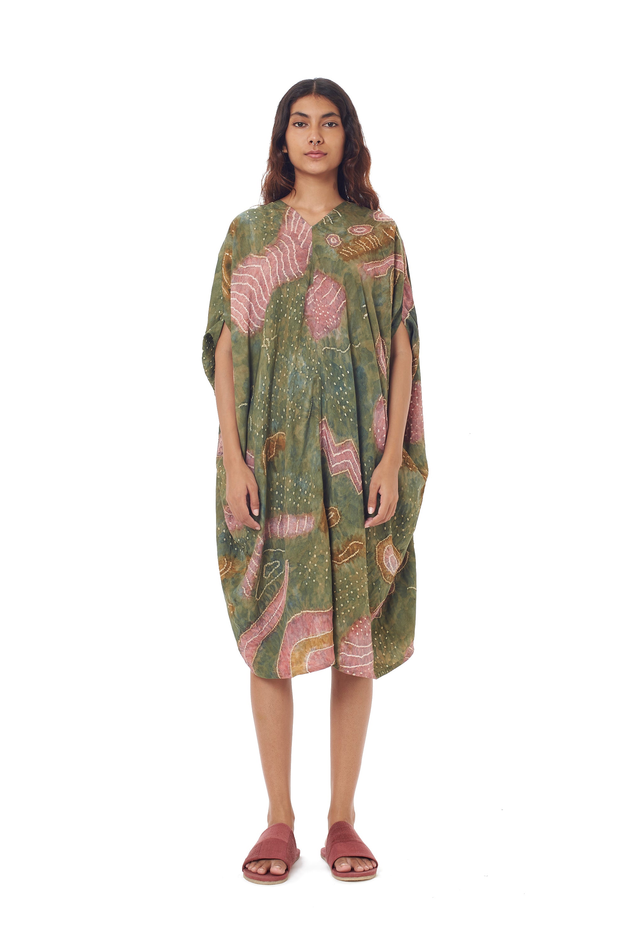 STATEMENT MULTI COLOUR HANDPAINTED SILK DRAPE DRESS CRAFTED WITH BANDHANI