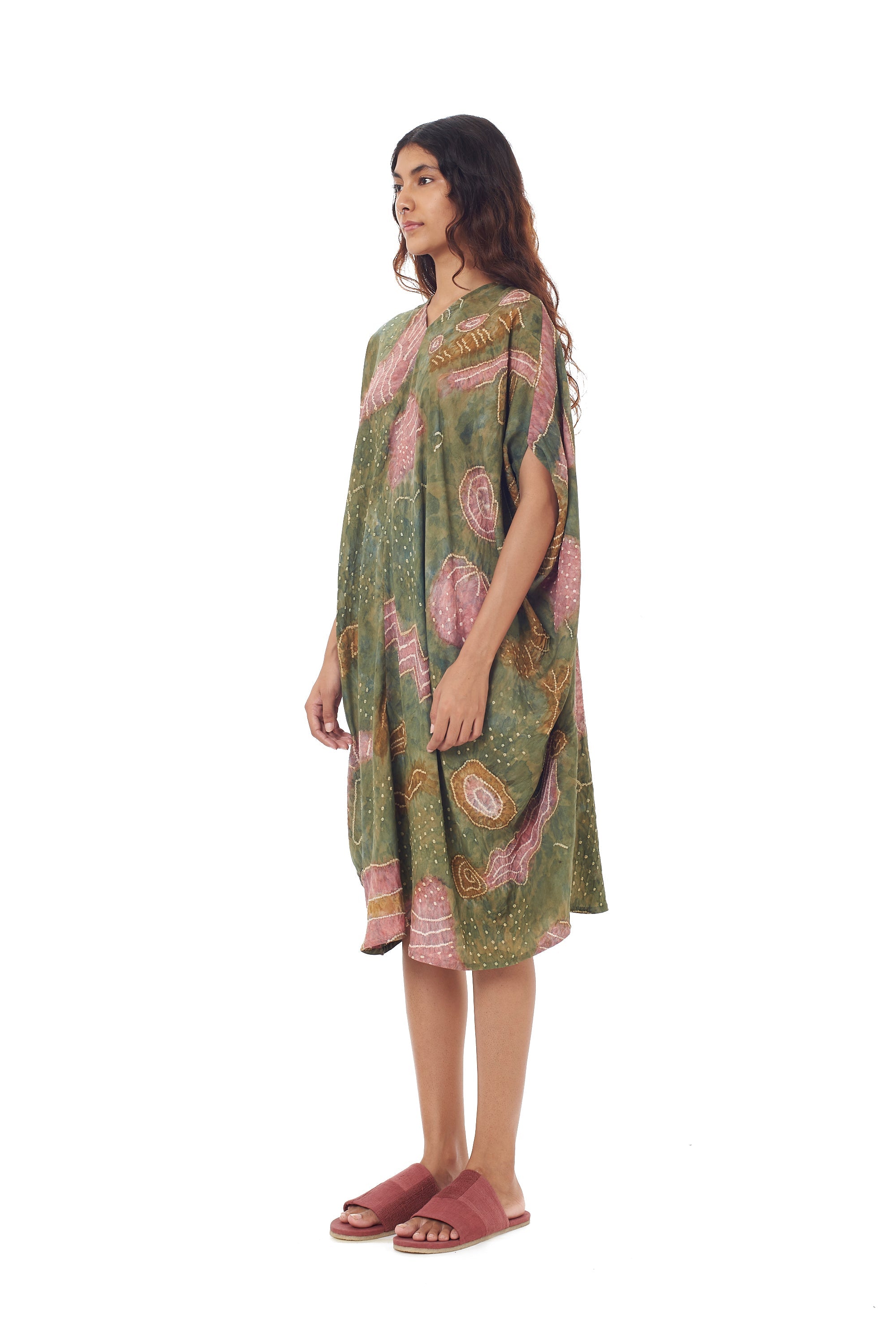 STATEMENT MULTI COLOUR HANDPAINTED SILK DRAPE DRESS CRAFTED WITH BANDHANI