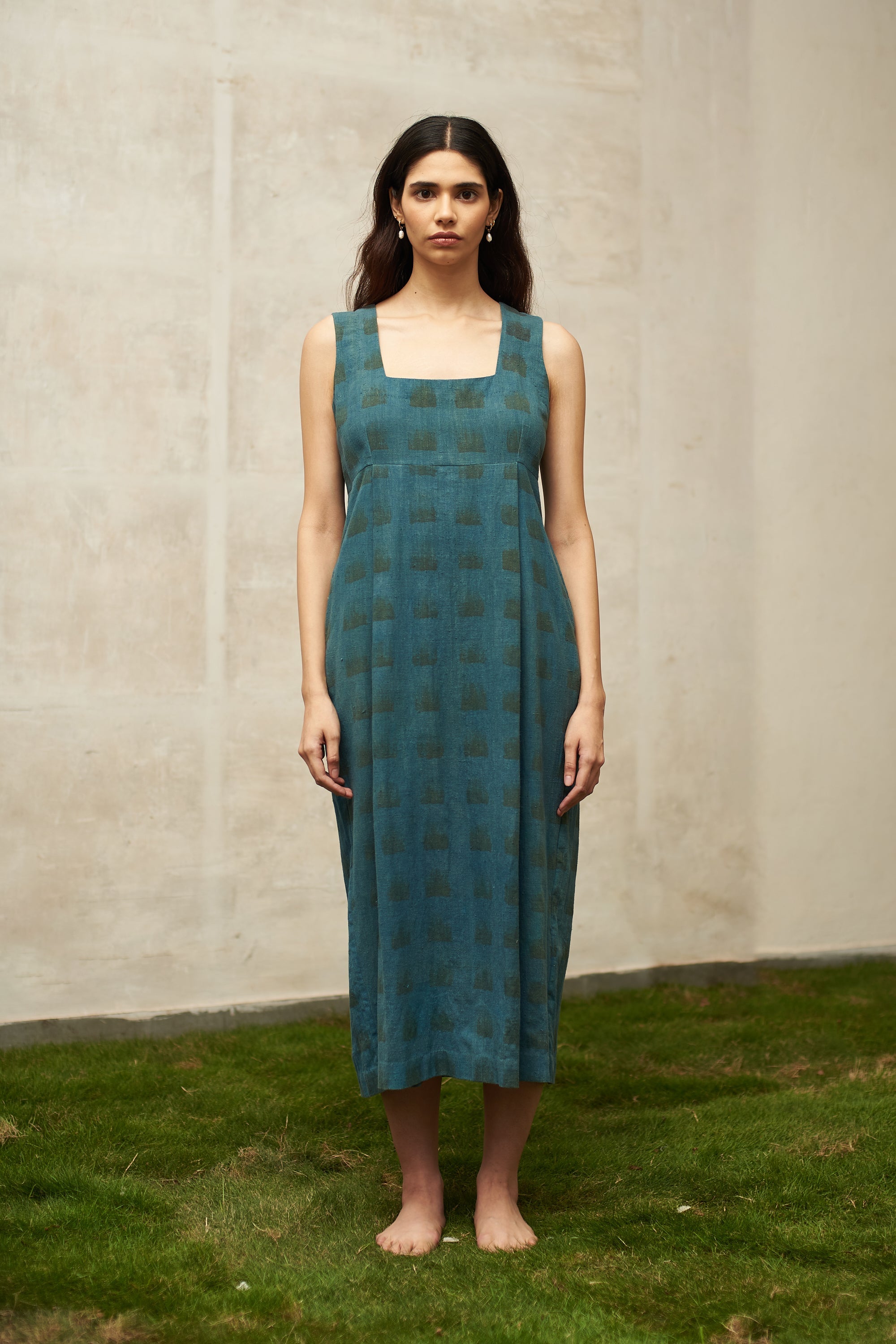 HANDPAINTED CHECK SLEEVELESS DRESS ORGANIC COTTON