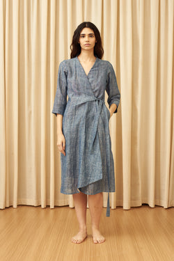 INDIGO COTTON LINEN STATEMENT WRAP DRESS
