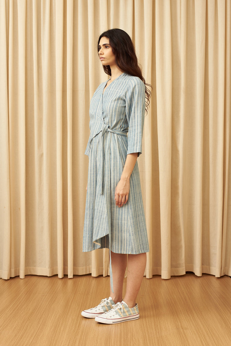 SHADES OF INDIGO YARN DYED WRAP DRESS