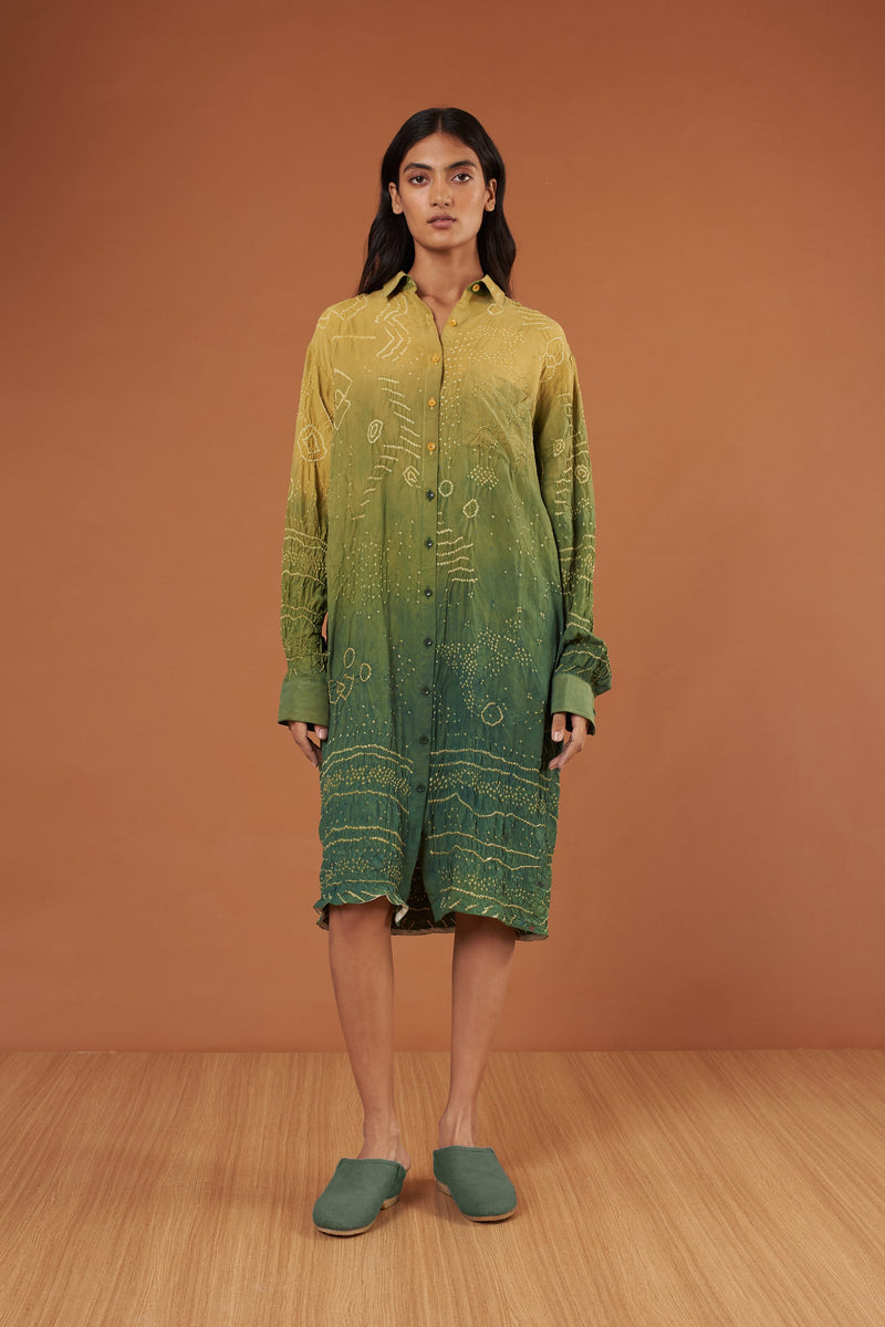 Gradiant Green Bandhani Button Down Silk Dress