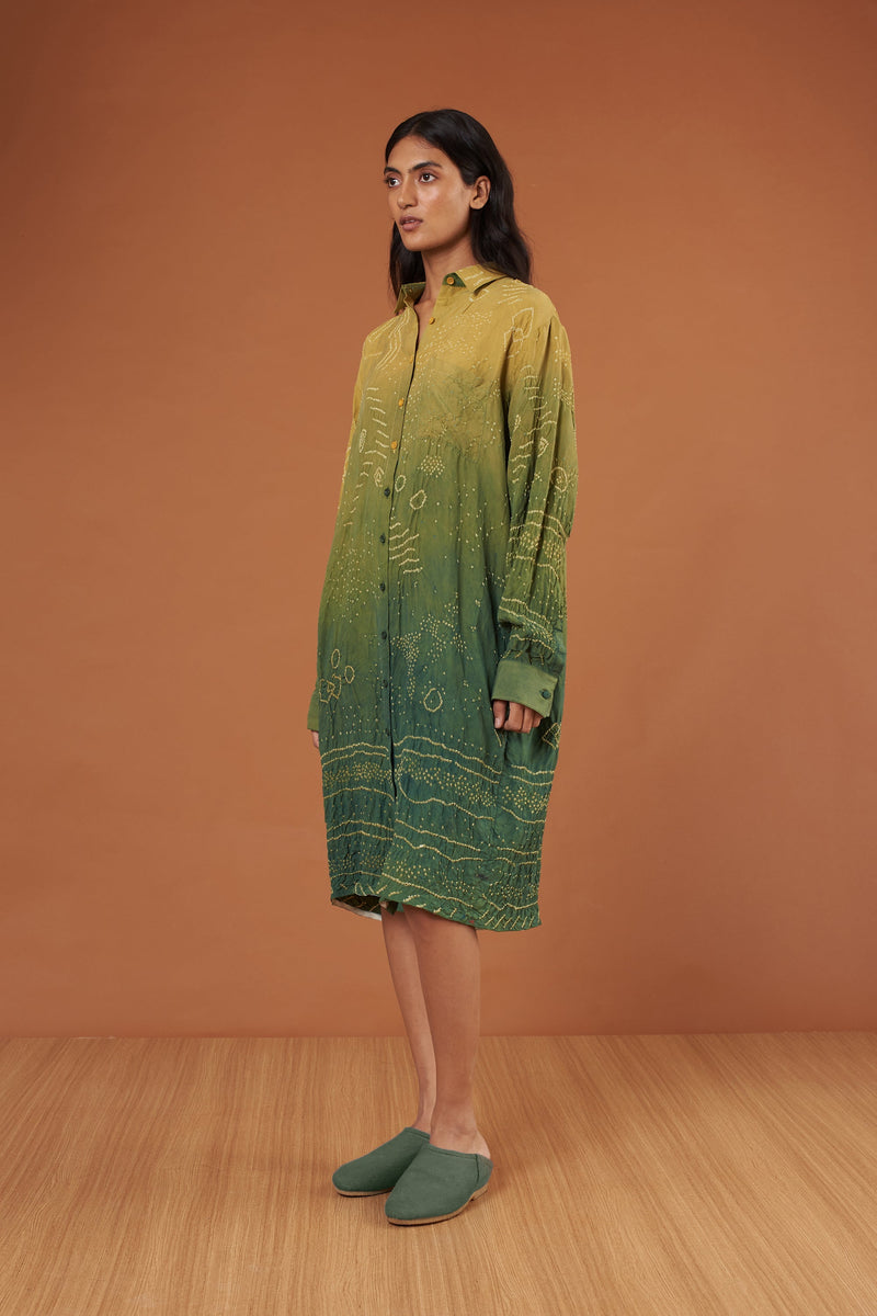Gradiant Green Bandhani Button Down Silk Dress