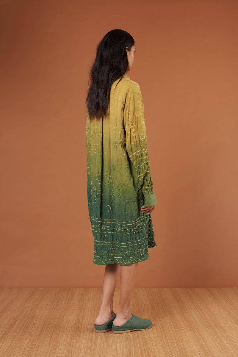 Gradiant Green Bandhani Button Down Silk Dress
