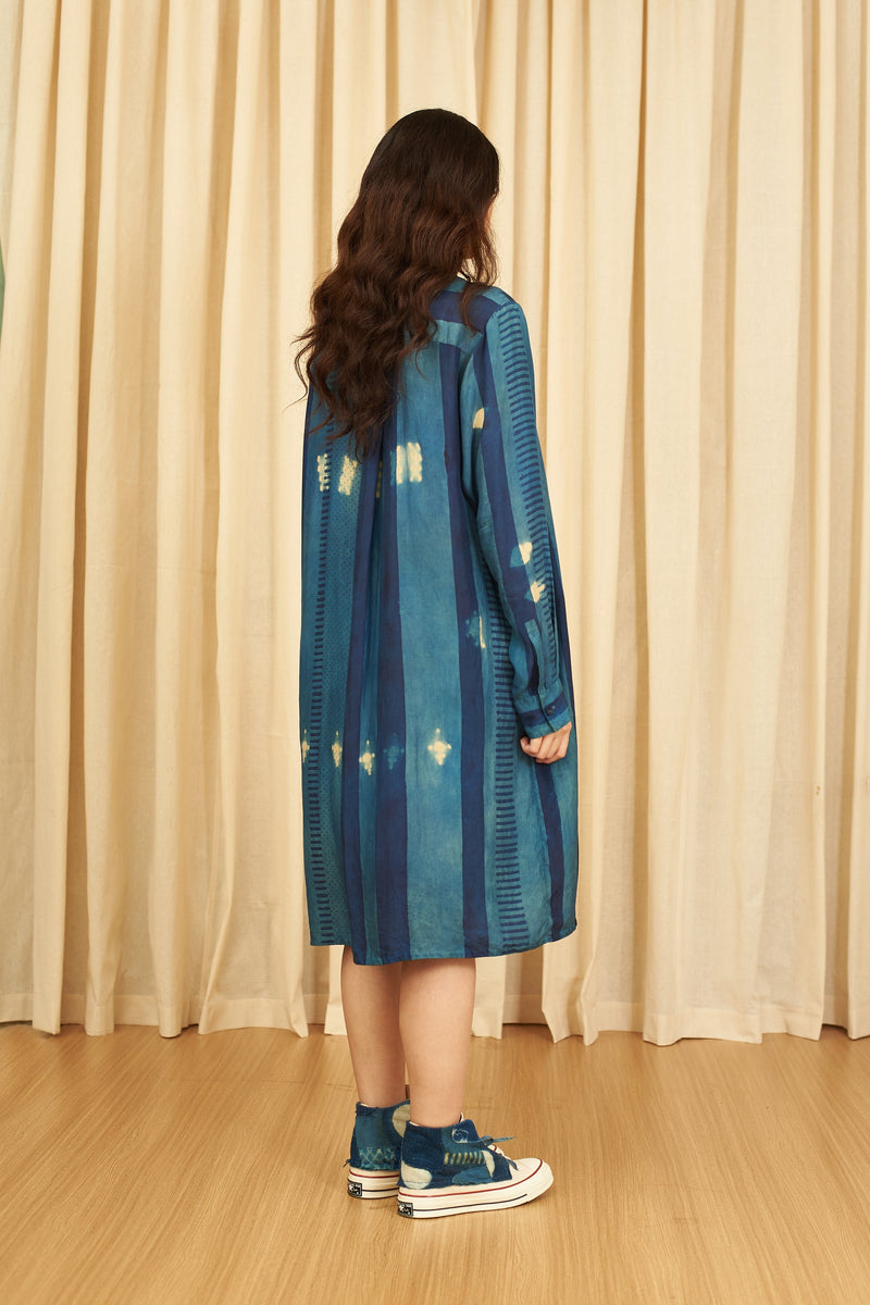 Indigo Block Print & Shibori Button Down Silk Dress