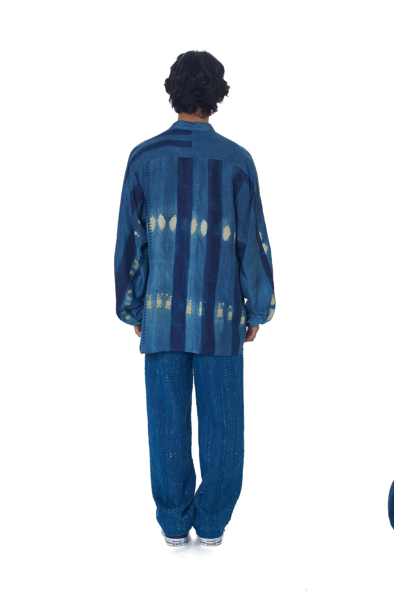 INDIGO BLOCK PRINTED & SHIBORI SOFT SILK SHIRT