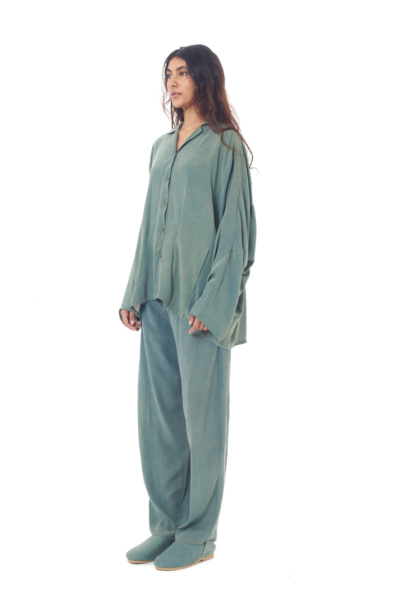 TURQUOISE SOFT CREPE SILK STRAIGHT FIT TROUSERS