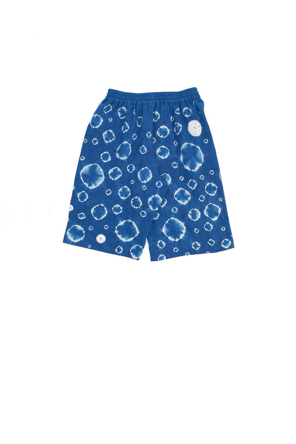 Indigo Relaxed Organic Cotton Shorts Speckled With An Over All Shibori Pattern